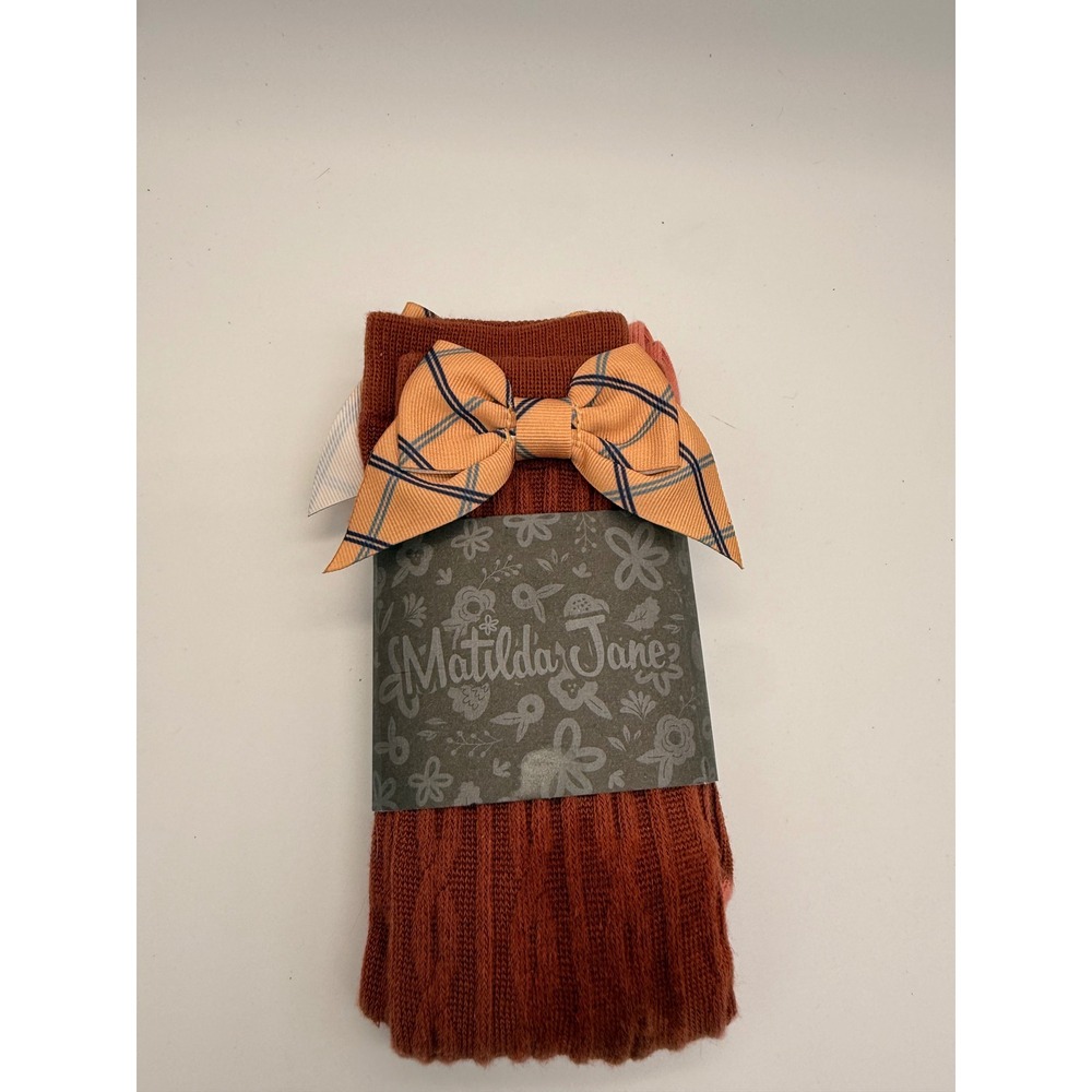 Matilda Jane Knee High Socks Girls Large Rust Cable Knit Plaid Bow Boutique